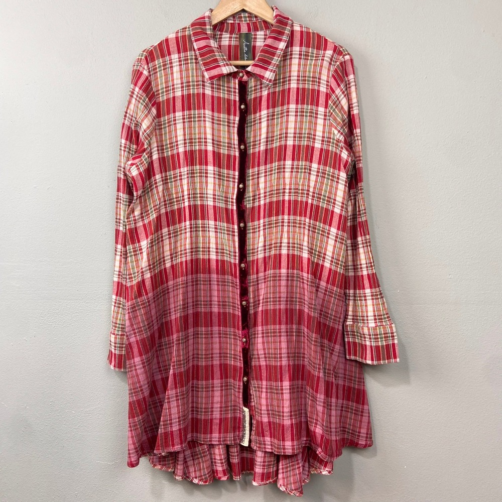 Aratta Silent Journey Tunic Shirt Dress Women Size XL Red Pink Ombre Plaid Gauze
